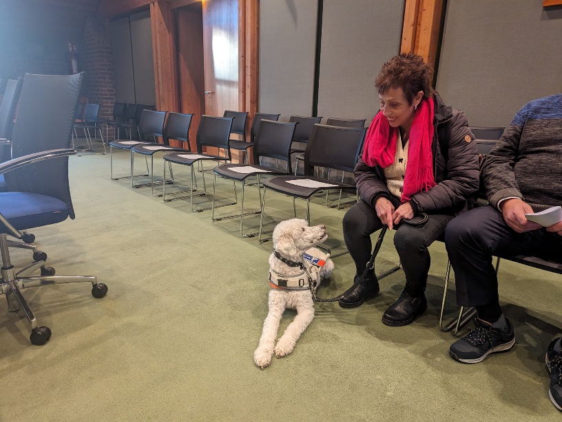 Marisa Sommer mit ihrem Blindenführhund Rainer im Ratssaal des Pulheimer Rathauses.