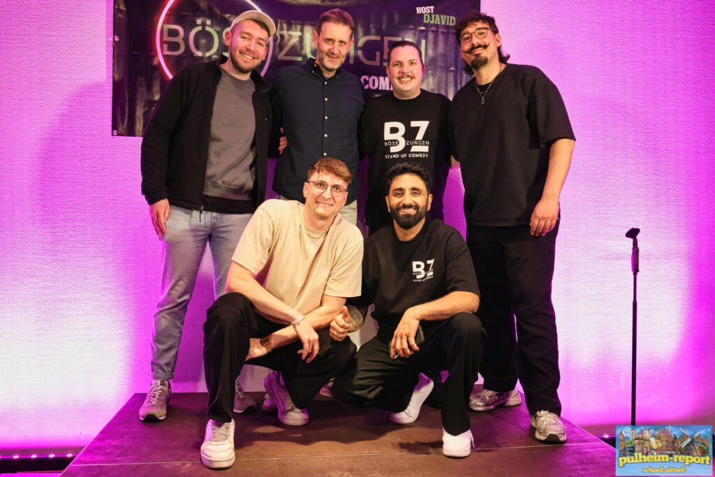 Die Stand-Up Comedy Show "Böse Zungen" sorgte für große Begeisterung und viele Lacher. (V.l.n.r. oben: Matthias Otte, Claudius Pläging, Veranstalter Raphael Ohly, Serkan Ates-Stein, unten: Johannes Steuding, Host Djavid Sediqi, außerdem war Mika Pues mit dabei)